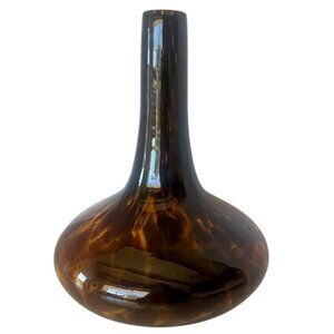 Mid-Century Tortoise Shell Murano Style Hand Blown Glass Vase Brown Amber Gift